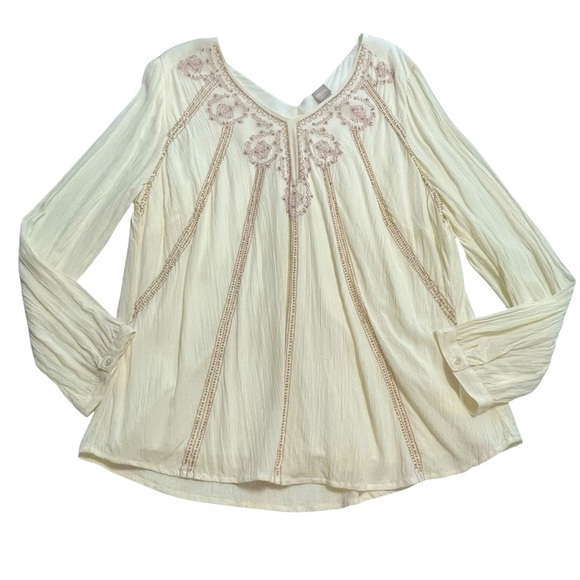 Chico’s Size 2 (12/14) Cream Boho Embroidered Beaded Peasant Top Long Sleeve - Picture 7 of 12